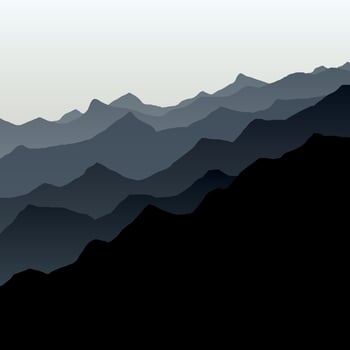 Beautiful black mountain landscape silhouette with fog and sunrise and sunset in mountains background. Outdoor and hiking concept. Vector. Good for wallpaper, site banner, cover, poster. vector