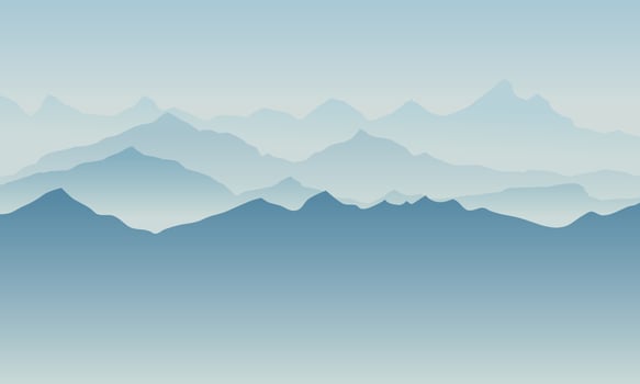 Beautiful blue mountain silhouette landscape with fog and sunrise and sunset in mountains background. Outdoor and hiking concept. Vector. Good for wallpaper, site banner, cover, poster vector