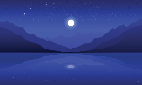 Incredible mountain landscape. Lake with blue water. Night sky with moon and stars reflection in water view. Vector illustration.