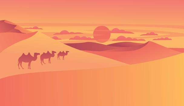 Landscape of desert with golden sand dunes morning or evening with walking camels. Hot dry deserted african nature background with sandy hills scene, Cartoon vector illustration