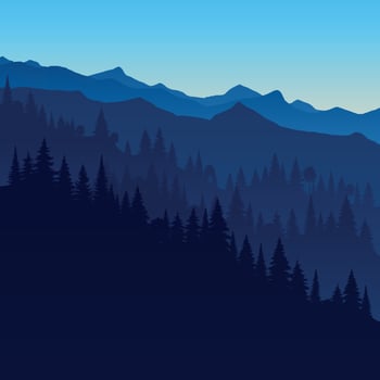Simple monochromatic silhouette landscape with fog, forest, blue mountains. Illustration of view, mist and silhouettes mountains. Good for wallpaper, background, banner, cover, poster. vector