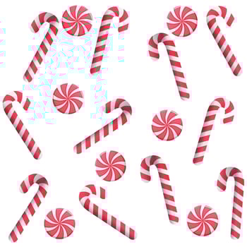 Christmas seamless pattern on white with candy canes and caramel. Sweet lollipop for winter holiday. Vector blue background for wrapping paper, fabric print, greeting cards design.