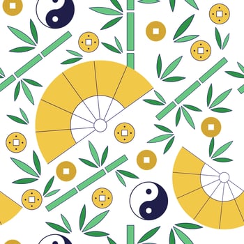 Chinese vector seamless pattern. Elegant background with Chinese and Asian elements. Yellow fan, green bamboo, Yin-Yang and Chinese coins. For your design, invitations, packaging paper, textiles.