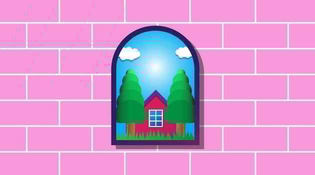 Curved house decoration, pink striped wallpaper on the walls. Comfortable room interiors. Flat vector illustration. Suitable for home decoration