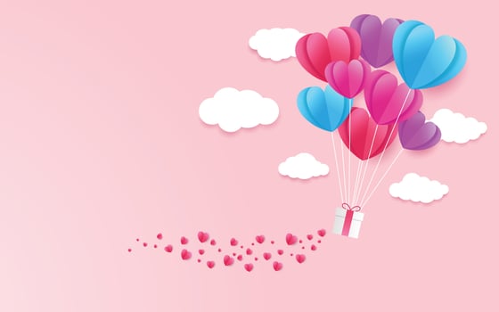 illustration of love and valentine day with heart baloon, gift and clouds. Paper cut style. Vector illustration