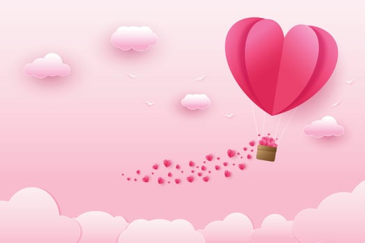 Illustration of love and valentine's day, heart shaped balloon with many small hearts floating in the sky. Paper art and digital craft patterns vector