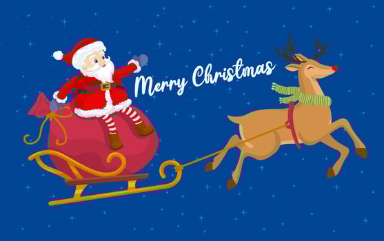 Reindeer pulling Santa Claus, christmas celebration vector