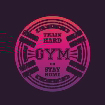 Round gym emblem, logo, badge with barbells vector