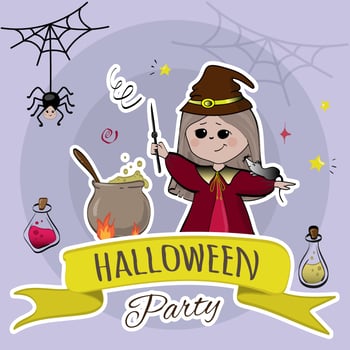 Halloween party invitation card for the holidays. Witch boiling cauldron with pumpkin and other symbols. vector