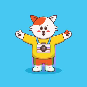 cute cat with camera mascot illustration in flat design vector