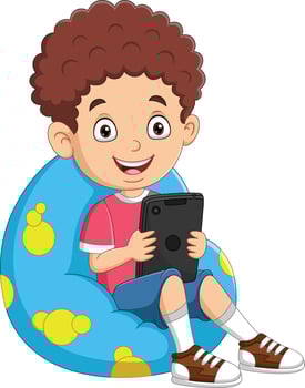 Little boy playing tablet on big pillow vector