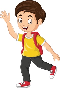 Cartoon happy school boy waving hand vector
