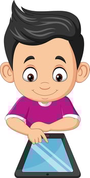 Cartoon happy little boy using tablet vector