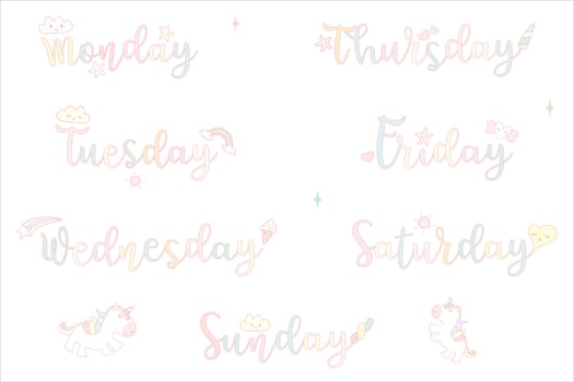 Vector - Hand written day of the week on unicorn concept. Monday, Tuesday, Wednesday, Thursday, Friday, Saturday and Sunday. Pastel color. Can be use decorate Diary, Planner, Calendar.