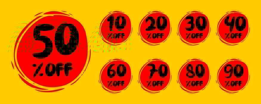 hand drawn of Sale tags set vector badges template, up to 10, 20, 30, 40, 50, 60, 70, 80, 90, percent off.