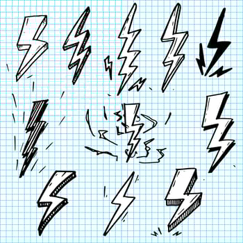 set of hand drawn vector doodle electric lightning bolt symbol sketch illustrations. thunder symbol doodle icon .