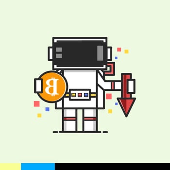 astronaut box carrying bitcoins and arrows going down vector