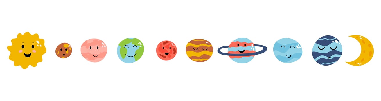 Set of cute planet as earth, venus, mercury, jupiter, saturn, mars, neptune, uranus, pluto in cartoon flat childish style. Vector illustration of bright space elements for baby apparel, textile