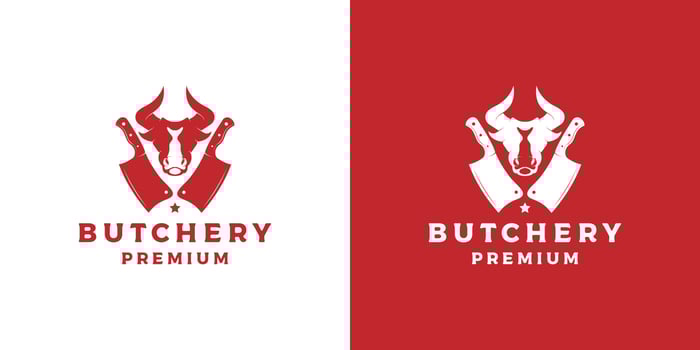 butchery logo design vector with bull head and knife icon