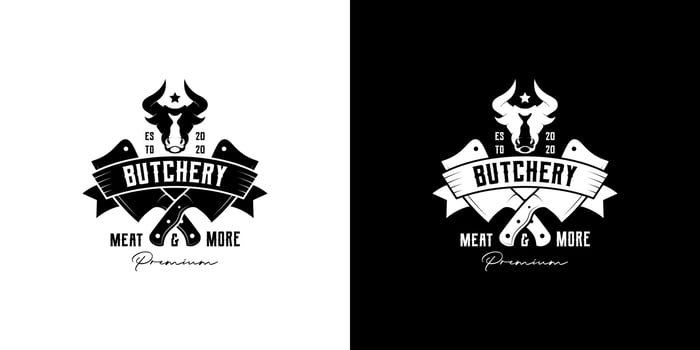 vintage retro emblem, badge, label butchery logo design vector with bull head and knife icon