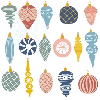 Set of a colorful Christmas ornaments in hand drawn style. Vector illustration of decorations for the Christmas tree