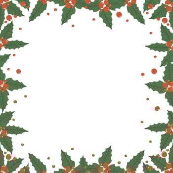 Frame from holly leaves and berries isolated on white background with space for text. Vector illustration for Christmas holiday in cartoon style