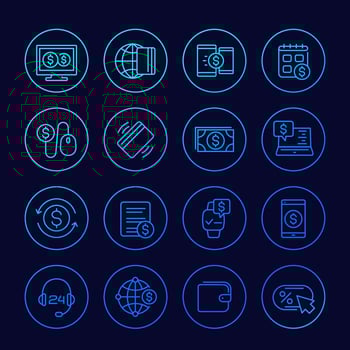 Payments, online banking and money linear icons set vector