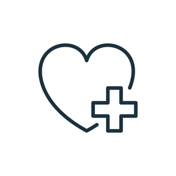 Heart with Plus Line Icon. Donation Concept. Charity and Humanitarian Aid Linear Pictogram. Healthcare Assistance Outline Icon. Isolated Vector Illustration