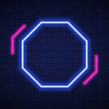 Octagon Frame with Neon Led Border for Cafe, Party, Club. Night Club Neon Sign. Mockup of Neon Blue and Pink Lamp on Dark Brick Wall Background. Isolated Vector Illustration.