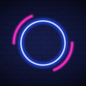 Mockup of Neon Blue and Pink Lamp on Wall for Party, Cafe, Club. Shiny Neon Frames on Dark Brick Wall Background. Frame with Neon Led Border Circle Shape. Isolated Vector Illustration.