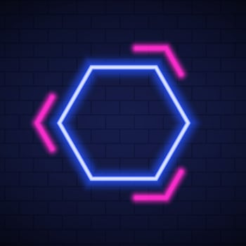 Hexagon Frame with Neon Led Border on Dark Brick Wall Background. Night Club Neon Sign. Mockup of Neon Blue and Pink Lamp on Wall for Cafe, Party, Club. Isolated Vector Illustration.