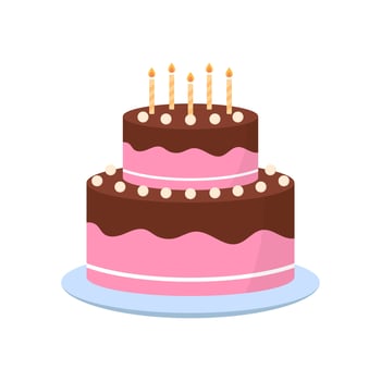 Pink Cute Cake with Icing Chocolate Cream on Plate for Birthday, Anniversary, Wedding. Colorful Sweet Tasty Bakery. Delicious Cake with Candles for Birthday Party. Isolated Vector Illustration.