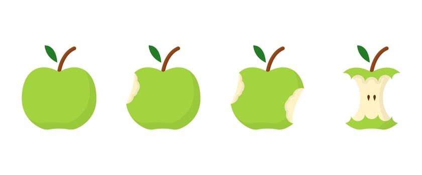 Green Apple Bite Stage Concept. Step of Eating Apple from Whole to Half and Core. Healthy Fresh Organic Food. Isolated Vector Illustration.