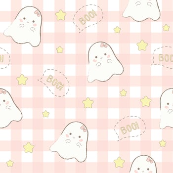 Cute Halloween pattern, cute smiling white ghosts on pastel pink checkered background. Seamless pattern vector illustration.