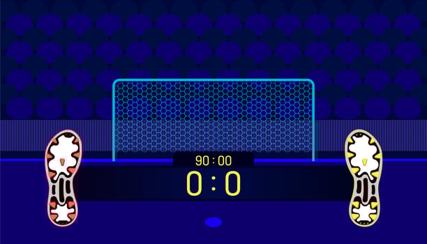The bar shows the score and time of each team. with both studs in different colors In the background are the gates and the seats of the supporters. vector illustration eps10