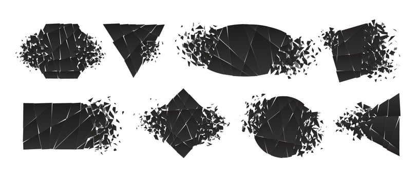 Shape shattered and explodes flat style design vector illustration set isolated on white background.