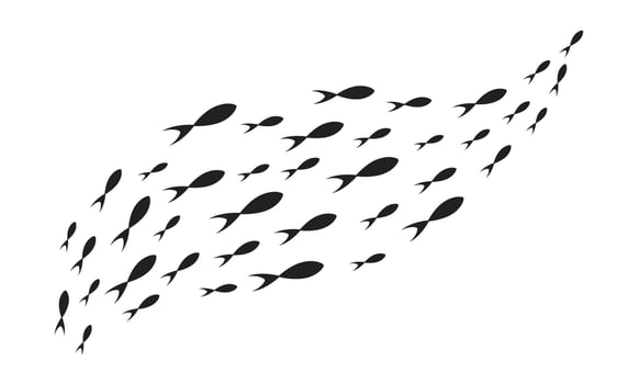 Silhouettes school of fish with marine life of various sizes swimming fish flat style design vector illustration.