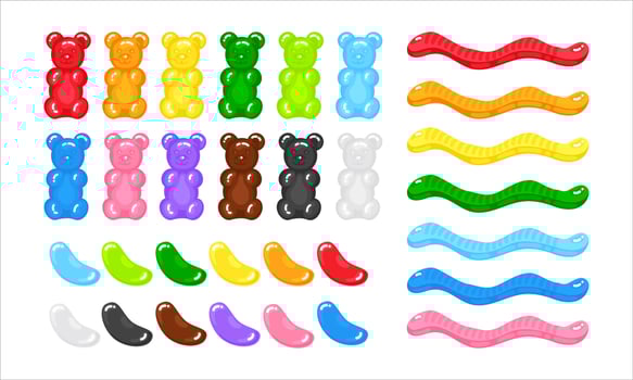 Gummy bear, jelly bean and jelly worms sweet candy set with amazing flavor flat style design vector illustration.