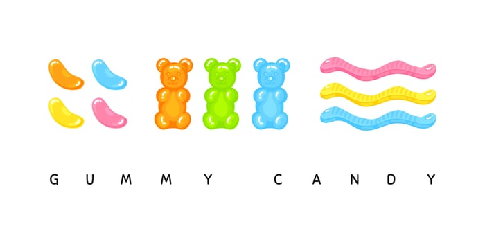 Gummy bear, jelly bean and jelly worms sweet candy set with amazing flavor flat style design vector illustration.