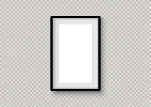 Vertical black photo frame object. Mock up for composition object with shadow. Realistic vertical isolated template. Vector illustrator.