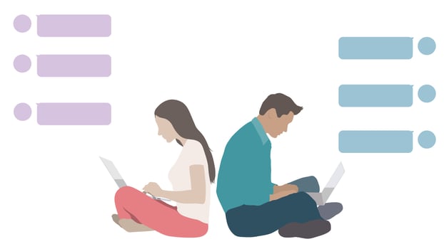 Male and female sitting back to back working on laptops. Chatting couple. Online conversation communication. vector
