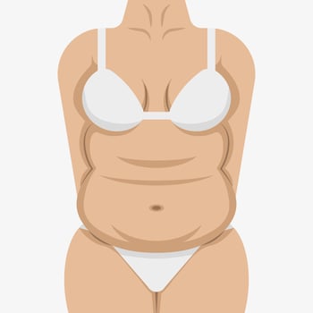 Fat female body with white underwear vector illustration. Chubby woman figure icon. Plus size lady isolated on white background