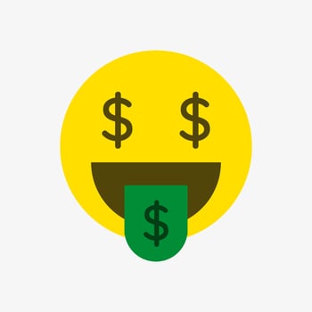A vector illustration of a money mouth face emoji, american dollars, white background