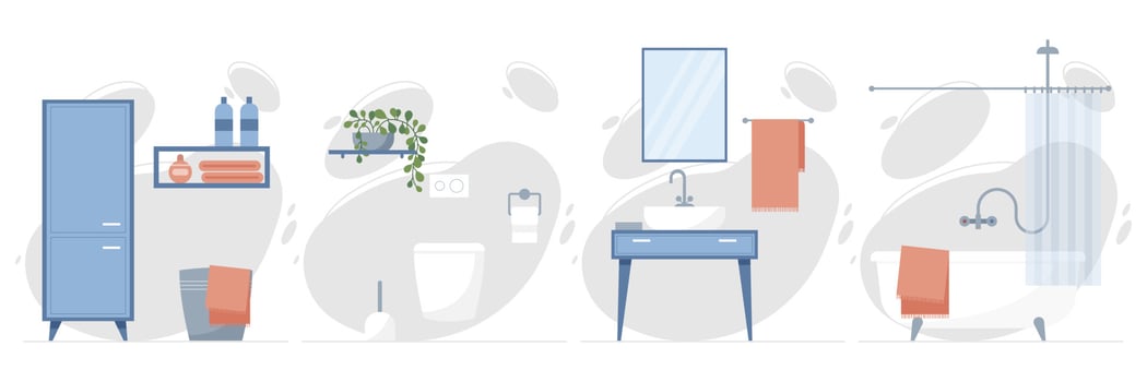 Bathroom design with furniture and accessories. Bathroom cabinet, sink, shelf, hanging toilet, mirror, towel holder, bath with shower faucet and screen. Vector illustration in flat style.