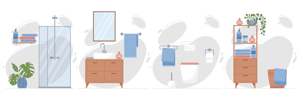 Bathroom interior vector illustration. Shower room and toilet interior design. Shower cabin, bathroom cabinet with sink, hanging toilet bowl, towel holder and bathroom mirror.