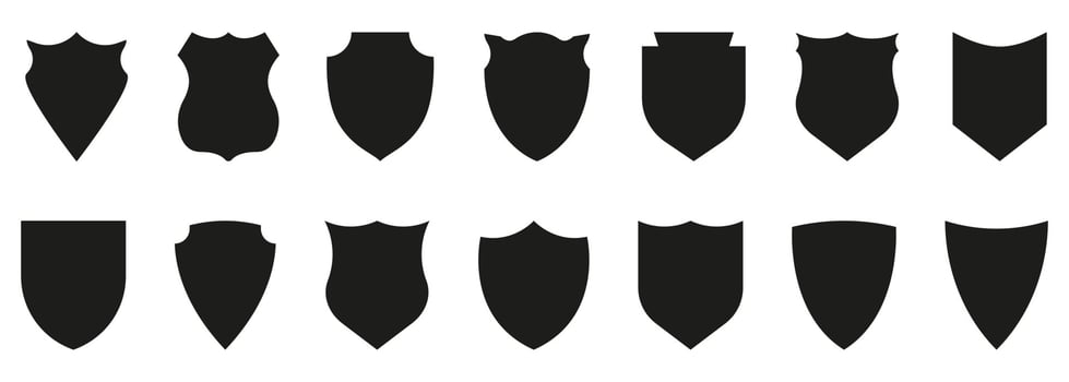 Shield Silhouette Icon Set. Antivirus Protect. Police Badge Shape and Football Patches. Sign of Safety, Defence, Safe Pictogram. Guard Defense Emblem Collection Icon. Isolated Vector Illustration.