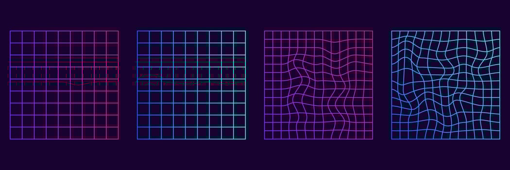 Distorted Grid Square Neon Pattern. Trendy retro 1980s, 90s style. Wave Ripple Perspective Square. Warp Futuristic Geometric Square Glitch. Abstract Modern Design. Isolated Vector Illustration.