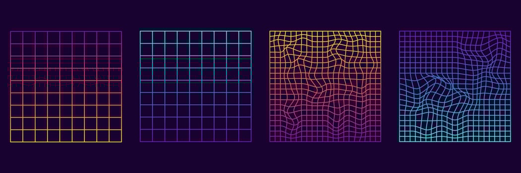 Set of Distorted Grid Square Neon Pattern. Warp Futuristic Geometric Square Glitch. Abstract Modern Design. Wave Ripple Perspective Square. Isolated Vector Illustration.