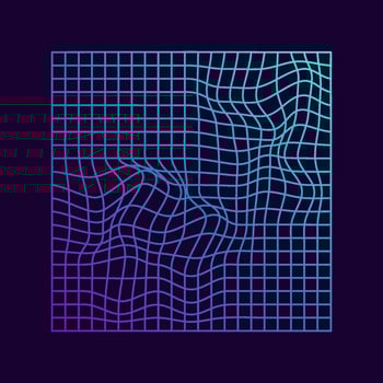 Distorted Grid Square Neon Pattern. Abstract Background of Retro 80s, 90s Style. Glitch Effect. Warp Futuristic Geometric Square Glitch. Wave Ripple Perspective Square. Isolated Vector Illustration.
