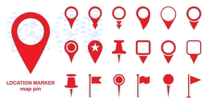 Red Location Pins Sign. Set of Marker Point on Map, Place Location Pictogram. Pointer Navigation Symbol. Red GPS Tag Collection. Flag Mark, Thumbtack Sign. Isolated Vector Illustration.